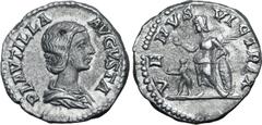 Roman Imperial Plautilla (wife of Caracalla) AR Denarius. Rome, AD 202-205. PLAVTILLA AVGVSTA, draped bust to right / VENVS VICTRIX, Venus standing facing, head to left, holding apple and palm, restin