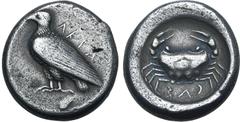 Greek Sicily, Akragas AR Didrachm. Circa 488-478 BC. Sea eagle standing to left, with wings closed; AKRA downwards behind / Crab; CAΣ (retrograde) below; all within shallow incuse circle. Westermark, 