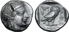 Greek Attica, Athens AR Tetradrachm. Circa 460-454 BC. Late "transitional" issue. Head of Athena to right, wearing crested Attic helmet ornamented with three olive leaves above visor and spiral palmet