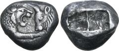 Greek Kingdom of Lydia, Kroisos AR Stater - Double Siglos. Sardes, circa 561-546 BC. Confronted foreparts of lion to right and bull to left / Two incuse squares of unequal size. GRPC Lydia S1; Berk 20