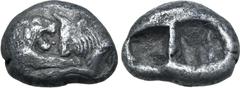 Greek Kingdom of Lydia, Kroisos AR Siglos. Sardes, circa 561-564 BC. Confronted foreparts of lion to right and bull to left / Two incuse square punches of unequal size. GRPC Lydia S3; Rosen 663-5; SNG