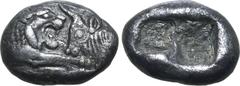 Greek Kingdom of Lydia, Kroisos AR 1/6 Stater. Sardes, circa 561-546 BC. Confronted foreparts of lion to right and bull to left / Two incuse square punches of unequal size. GRPC Lydia S6; Rosen 667; S