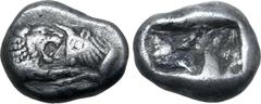 Greek Kingdom of Lydia, Kroisos AR 1/6 Stater. Sardes, circa 561-546 BC. Confronted foreparts of lion to right and bull to left / Two incuse square punches of unequal size. GRPC Lydia S6; Rosen 667; S