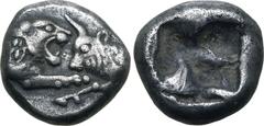Greek Kingdom of Lydia, Kroisos AR 1/12 Stater. Sardes, circa 561-546 BC. Confronted foreparts of lion to right and bull to left / Incuse square. GRPC Lydia S8; SNG Kayhan 1020-21; SNG von Aulock 2880