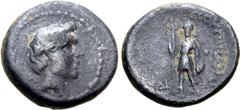 Greek Cilicia, Soli as Pompeia (Pompeiopolis) Æ 15mm. Pseudo-autonomous issue, shortly after 66 BC. Bare head of Pompey the Great to right / Artemis standing facing, quiver over left shoulder, holding