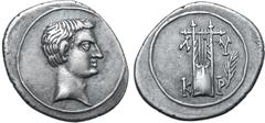 Roman Provincial Augustus AR Drachm of Cragus, Lycia. 27-20 BC. Bare head to right / Cithara; laurel branch in right field, Λ-Y and K-P across fields. RPC I 3307; Troxell, Lycian League, 111.6 (same o
