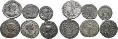 Roman Imperial Lot of 6 Late Roman BI Coins. 1. Aurelian BI Antoninianus. Serdica, AD 273-274. IMP AVRELIANVS AVG, radiate, draped and cuirassed bust to right / IOVI CONSER, emperor standing to right,
