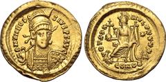 The Mare Nostrum Hoard Theodosius II AV Solidus. Constantinople, AD 430-440. D N THEODOSIVS P F AVG, pearl-diademed, helmeted and cuirassed bust facing slightly to right, holding spear and shield deco