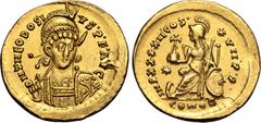 The Mare Nostrum Hoard Theodosius II AV Solidus. Constantinople, AD 441-450. D N THEODOSIVS • P • F • AVG, pearl-diademed, helmeted and cuirassed bust facing slightly to right, holding spear and shiel