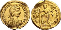 The Mare Nostrum Hoard Valentinian III AV Solidus. Ravenna, AD 426-430. D N PLA VALENTINIANVS P F AVG, rosette-diademed, draped and cuirassed bust to right / VICTORIA AVGGG, Emperor standing facing, h