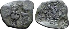 Byzantine Heraclius, with Heraclius Constantine, Countermarked Æ 40 Nummi. Constantinople, with countermarks applied later at an uncertain mint, dated RY 23(?) = AD 632/3. Crowned Heraclius on left in