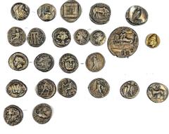 Paduans Lot of 24 Uniface British Museum Electrotypes. Each with a pin on the reverse. Includes: 1) Lucania, Thourioi AR Distater. Circa 400-350 BC. Bull charging right, ΘOYPIΩN above; fish to right i