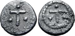 Greek Calabria, Tarentum AR Obol(?). 450-380 BC. Large T, three pellets around / Large T, three pellets around. HN Italy 853 (hemiobol); Vlasto 1189-93 (hemiobol); HGC 1, 875 (hemiobol). 0.65g, 9mm. V