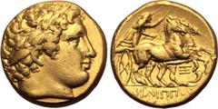 Greek Kingdom of Macedon, temp. Philip III-Kassander AV Stater. In the name and types of Philip II. Abydos, circa 323-316 BC. Laureate head of Apollo to right / Charioteer, holding kentron and reins, 