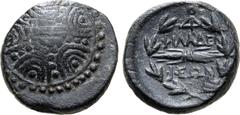 Greek Lydia, Philadelphia Æ 15mm. 2nd century BC. Macedonian shield / ΦΙΛΑΔΕΛ-ΦΕΩΝ above and below thunderbolt; monogram above, all within wreath. GRPC Lydia 13; SNG Copenhagen 343. 4.87g, 15mm. Good 