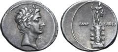 Roman Imperatorial Octavian AR Denarius. Italian mint (Rome?), autumn 30 - summer 29 BC. Laureate head to right / Rostral column ornamented with two anchors and six beaks of galleys, surmounted by a s