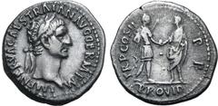 Roman Imperial Trajan AR Denarius. Rome, AD 98. IMP NERVA CAES TRAIAN AVG GERM P M, laureate head to right / TR P COS II P P, emperor standing to right, receiving globe from Nerva standing to left; PR