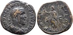 Roman Imperial Pupienus Æ Sestertius. Rome, AD 238. IMP CAES M CLOD PVPIENVS AVG, laureate, draped and cuirassed bust to right / P M TR P COS II P P, emperor standing facing, head to left, holding bra