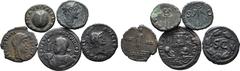 Roman Imperial Lot of 5 Roman Imperial Æ Coins. Including: 1. Anonymous Æ Quadrans. Time of Domitian to Antoninus Pius. Rome, AD 81-161. Bust of Mercury in winged petasus to right / Winged caduceus; S