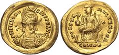 Maritime Theodosius II AV Solidus. Constantinople, AD 430-440. D N THEODOSIVS P F AVG, pearl-diademed, helmeted and cuirassed bust facing slightly to right, holding spear and shield decorated with hor