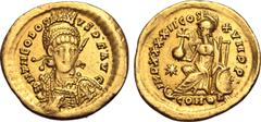 Maritime Theodosius II AV Solidus. Constantinople, AD 441-450. D N THEODOSIVS • P • F • AVG, pearl-diademed, helmeted and cuirassed bust facing slightly to right, holding spear and shield decorated wi
