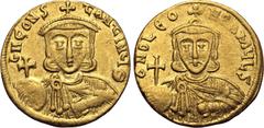 Byzantine Leo III 'the Isaurian', with Constantine V, AV Solidus. Constantinople, AD 735-740. ∂ NO LЄON P A MЧL ς, crowned bust of Leo facing, wearing chlamys, holding globus cruciger and akakia / ∂ N