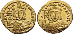 Byzantine Constantine V Copronymus, with Leo III, AV Solidus. Constantinople, AD 742-745. C N CONSƮANƮINЧS, crowned and draped bust of Constantine facing, holding cross potent and akakia / C LЄON P A 