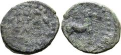 Greek Macedon, Herakleia Sintica Æ 14mm. Circa AD 100-150(?). Horse standing to right, with foreleg raised; all within dotted border / HPAKΛEѠTѠN in three lines within laurel wreath with jewel at apex