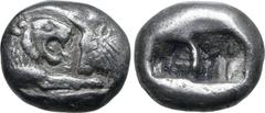 Greek Kingdom of Lydia, Kroisos AR Siglos. Sardes, circa 561-564 BC. Confronted foreparts of lion to right and bull to left / Two incuse square punches of unequal size. GRPC Lydia S3; Rosen 663-5; SNG