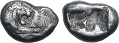 Greek Kingdom of Lydia, Kroisos AR 1/3 Stater. Sardes, circa 561-546 BC. Confronted foreparts of lion to right and bull to left / Two irregular incuse squares. GRPC Lydia S5; SNG Keckman 359; Boston M