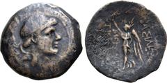 Greek Seleukid Empire, Timarchos Æ Tetrachalkon. Probably Ekbatana mint, circa 164-161 BC. Diademed head to right; mark of value behind / Nike advancing to left, holding wreath and palm frond; [ΒΑ]ΣΙΛ