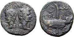 Roman Provincial Augustus and Agrippa Æ As of Nemausus, Gaul. AD 10-14. Head of Agrippa to left, wearing rostral crown combined with laureate crown, back to back with laureate head of Augustus to righ