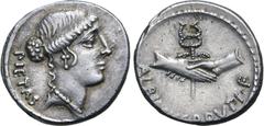 Roman Imperatorial D. Iunius Brutus Albinus AR Denarius. Rome, 48 BC. Head of Pietas to right; PIETAS behind / Two hands clasped around winged caduceus; ALBINVS•BRVTI•F• around below. Crawford 450/2; 