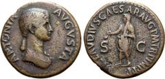 Roman Imperial Antonia (mother of Claudius) Ӕ Dupondius. Rome, AD 50-54. ANTONIA AVGVSTA, draped bust to right / [TI] CLAVDIVS CAESAR AVG P M TR P IMP P P, Claudius veiled and togate, standing facing,