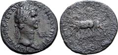 Roman Imperial Nerva Æ Sestertius. Rome, AD 97. IMP NERVA CAES AVG P M TR P COS III P P, laureate head to right / [VEHICVLATIONE ITALIAE REMISSA], two mules grazing, one to left, one to right, shafts 