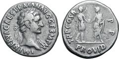 Roman Imperial Trajan AR Denarius. Rome, AD 98/99. IMP NERVA CAES TRAIAN AVG GERM P M, laureate head to right with drapery on far shoulder / TR P COS II P P, emperor standing to right, receiving globe