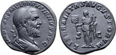 Roman Imperial Pupienus Æ Sestertius. Rome, AD 238. IMP CAES M CLOD PVPIENVS AVG, laureate, draped and cuirassed bust to right / LIBERALITAS AVGVSTORVM, Liberalitas standing to left, holding abacus an