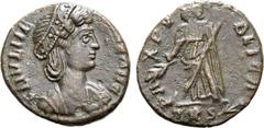 Roman Imperial Helena (mother of Constantine I) Æ 15mm. Treveri, AD 337-340. FL IVL HELENAE AVG, diademed and mantled bust to right / PAX PVBLICA, Pax standing facing, head to left, holding branch and