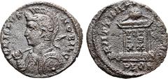 Roman Imperial Crispus, as Caesar, BI Nummus. London, AD 323-324. CRISPVS NOBIL C, helmeted, draped and cuirassed bust to right, holding spear and shield / BEAT TRANQLITAS, globe on altar inscribed VO