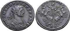 Probus Probus BI Antoninianus. Serdica, AD 280-281. IMP C M AVR PROBVS P F AVG, radiate and mantled bust to right / SOLI INVICTO, Sol in spread quadriga, holding whip; KA•A• in exergue. RIC V.2 861 va