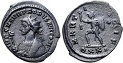 Probus Probus BI Antoninianus. Ticinum, AD 282. IMP C M AVR PROBVS AVG CONS IIII, radiate and mantled bust to left, holding eagle-tipped sceptre / MARTI PACIF, Mars advancing to left, holding olive br