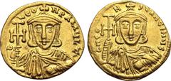 Byzantine Constantine V Copronymus, with Leo III, AV Solidus. Constantinople, AD 740-742. C LЄON P A MЧLT-, crowned and draped bust of Leo facing, holding cross potent and akakia / b N CONSƮANƮINЧS, c