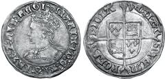 Medieval and World Great Britain, Tudor. Mary I AR Groat. Tower (London) mint, 1553-1554. ⚬ ᙏARIA ⚬ (pomegranate, mintmark) ⚬ D' ⚬ G' ANG' ⚬ FRA' ⚬ Z ⦂ ҺIB' ⚬ RЄGI', crowned and draped bust to left / 