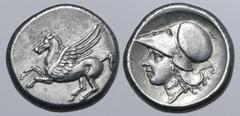 Greek Corinthia, Corinth AR Stater. Circa 345-307 BC. Pegasos flying to left / Head of Athena to left, wearing Corinthian helmet; axe behind. Pegasi 494; Ravel 1119; BCD Corinth 139; HGC 4, 1848. 8.56