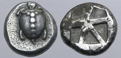 Greek Islands off Attica, Aegina AR Stater. Circa 470-440 BC. Sea turtle, head in profile, with 'T' design in pellets on shell / Large square incuse with skew pattern. Meadows, Aegina, Group IIIa; Mil