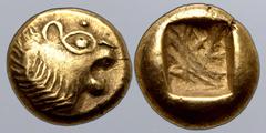 Greek Ionia, uncertain mint EL 1/12 Stater. Imitating Kingdom of Lydia. Circa 600-561 BC. Head of roaring lion to right, sunburst (without rays) on forehead / Incuse square punch. For Lydian prototype