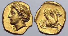 Greek Mysia, Lampsakos AV Stater. Circa 370-350 BC. Head of Apollo to left, wearing laurel wreath and knotted fillet which hangs down his neck / Forepart of Pegasos to right with curved wing; within i
