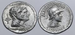 Greek Greco-Baktrian Kingdom, Eukratides I Megas, with Heliokles and Laodike, AR Tetradrachm. Circa 170-145 BC. Dynastic pedigree issue. Jugate draped busts of Heliokles and Laodice to right, HΛIOKΛEO