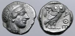 Greek Philistia (Palestine), uncertain mint AR Tetradrachm. Imitating Athens, circa 450-400 BC(?). Head of Athena to right, wearing crested Attic helmet ornamented with three olive leaves above visor 