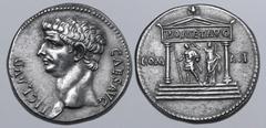 Roman Provincial Claudius AR Cistophorus of uncertain mint, Asia Minor. AD 41-54. TI CLAVD CAES AVG, bare head to left / Distyle temple inscribed ROM ET AVG on entablature and containing figure of Aug